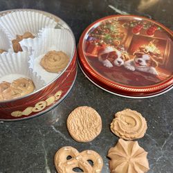 Fake butter cookies with red  tin Christmas prop decor