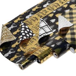 American Greetings 80 sq. ft. Reversible Christmas Foil Wrapping Paper Bundle - Black and Gold (4 Rolls/8 Prints) 🎁