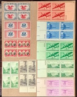 10 - 4 Plate Blocks all MNH-OG U.S. AirMail & Commemorative Stamps  Mint Never Hinged Original Glue.   #84