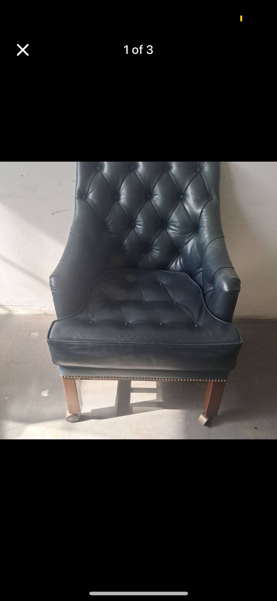 Classic Vintage Black Leather Tufted Office Chair w/ Wooden Legs