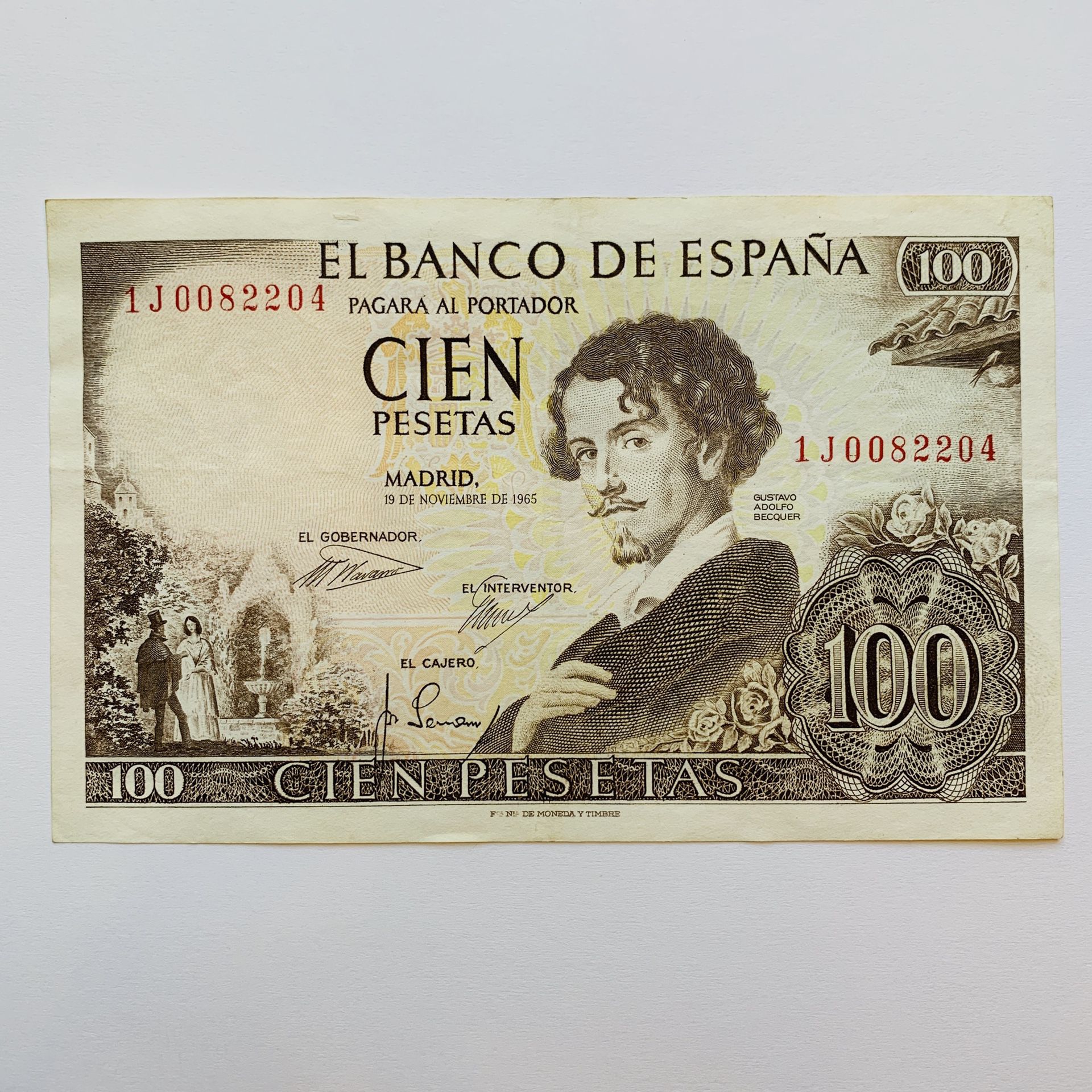 1965 Spanish 100 Pesetas Large Banknote. Spain Currency. Gustavo Becquer the poet Notes, Bills, Bank Notes, Billet. Back, Woman with parasol