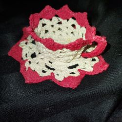 Red/white Hand Crochet Miniture Teacup & Saucer