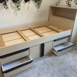 Boys Wooden Twin Bed With Drawers And Bookshelf Headboard