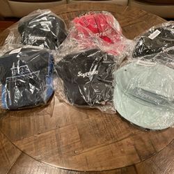 Supreme hats fox camp cap, velour red logo, washed chino.