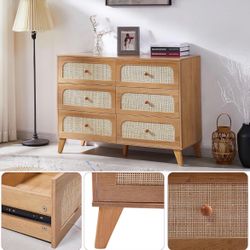 Rattan 6 Drawer Dresser For Bedroom, Natural Brown Mid-century Modern Organizer For Storage 