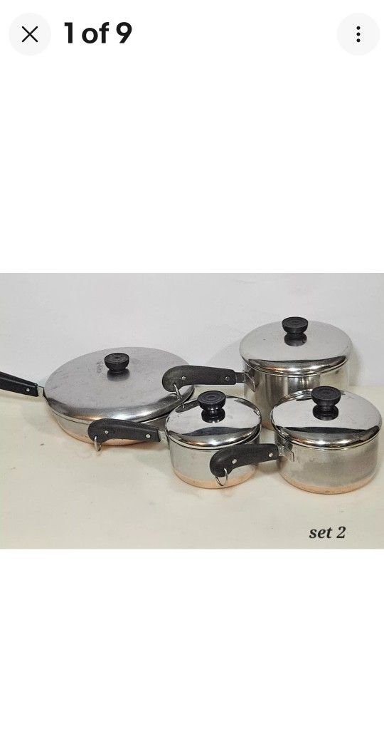 8 Pc Set Vtg Pre-1968 Revere Ware copper Bottom 10" Skillet, 2.5qt, 1.5qt, 1 Qt
