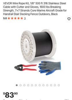 VEVOR Wire Rope Kit, 1/8" 500 ft 316 Stainless Steel Cable with Cutter and Gloves, 1600 Ibs Breaking Strength, 7×7 Strands Core Marine Aircraft Grade 