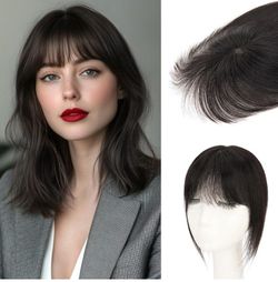 Remy Human Hair Topper With Wispy Air Bangs For Thinning Hair 9.8" Natural Black