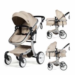 Baby Joy High Landscape Reversible Stroller Khaki Aluminum Color 2-In-1 Bassinet