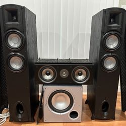 KLIPSCH SYNERGY F-20 FLOORSTANDING SPEAKERS, POKLAUDIO CS2 CENTER SPEAKER ,PSW10 POWERED SUBWOOFER 