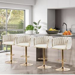Gold Bar Stools Set of 4, Velvet Adjustable Bar Chairs with Woven Low Back, Modern Swivel Upholstered Counter Height Chairs for Kitchen Island, Dining