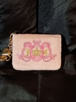 Juicy Couture Lovers Club square zip wallet in pink velour with embroidered diamond and crown logo details.