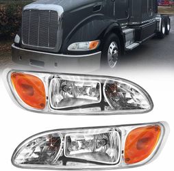 Headlight Assembly Pair Fits for 2005-2016 Peterbilt 325 330 335 337 340 348 382 384 386 387 Headlamps Left Driver Right Passenger Side Chrome Housing