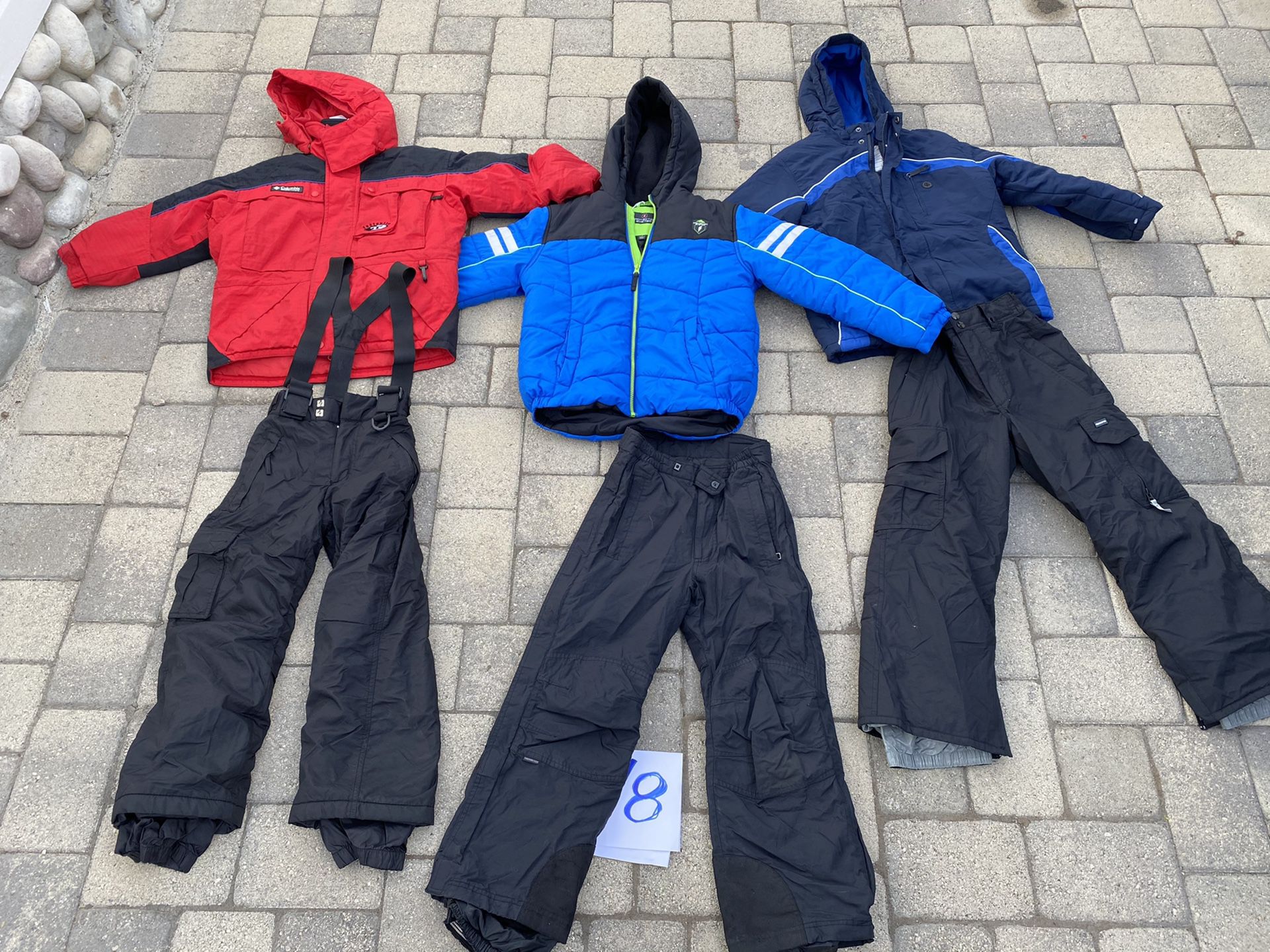 Kids size 6/7 , 7, 8, and 8/10 ski and snowboarding clothes. Jackets pants and bibs. Many brand names