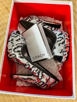 Coach Ashley Silver Sequin Peep Toe Heels