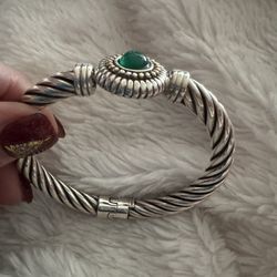 VINTAGE STERLING SILVER & 14K GOLD CHRYSOPRASE CABOCHON DOT TWISTED CABLE BRACELET 