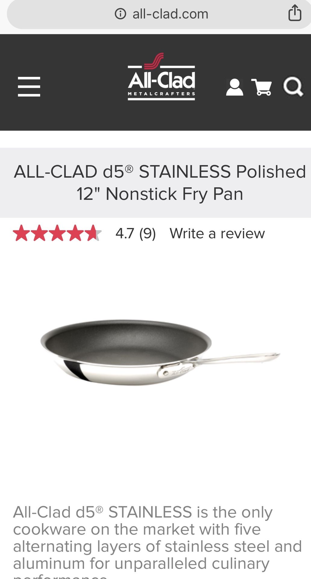 ALL CLAD d5 stainless steel non stick Fry pan 12”