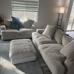 Beige 3 Piece Couch / Sofa With Ottoman 