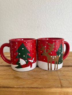 Crate & Barrel Christmas Mini Mugs Set of 2 Red Holiday Woodland Fox Deer Cups Flaw