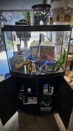 Bowfront Aquarium + Cabinet Stand w/ Test Kits, Decor & Accessories