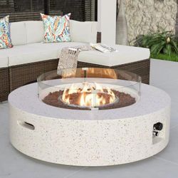 COSIEST Outdoor Propane Fire Pit Coffee Table w Beige 42 inch Round Base Patio Heater, Certified, 50,000 BTU Stainless Steel Burner, Wind Guard, Tank 