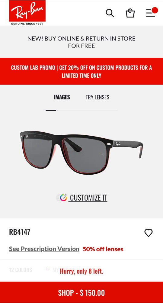 Black & Red Ray Bans -Model Code: RB4147 617187 60-15