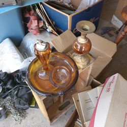 Antique 70's  Amber Ashtrays And Lighter Set