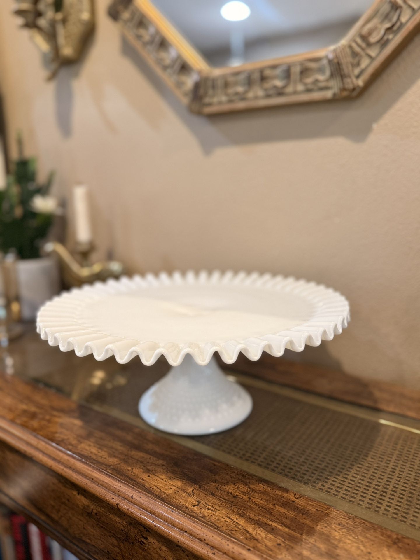 Vintage Fenton Milk Glass Scalloped Cake Stand