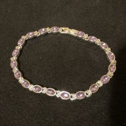 7” SilverTone Bracelet With Amethyst And Clear Rhinestones 