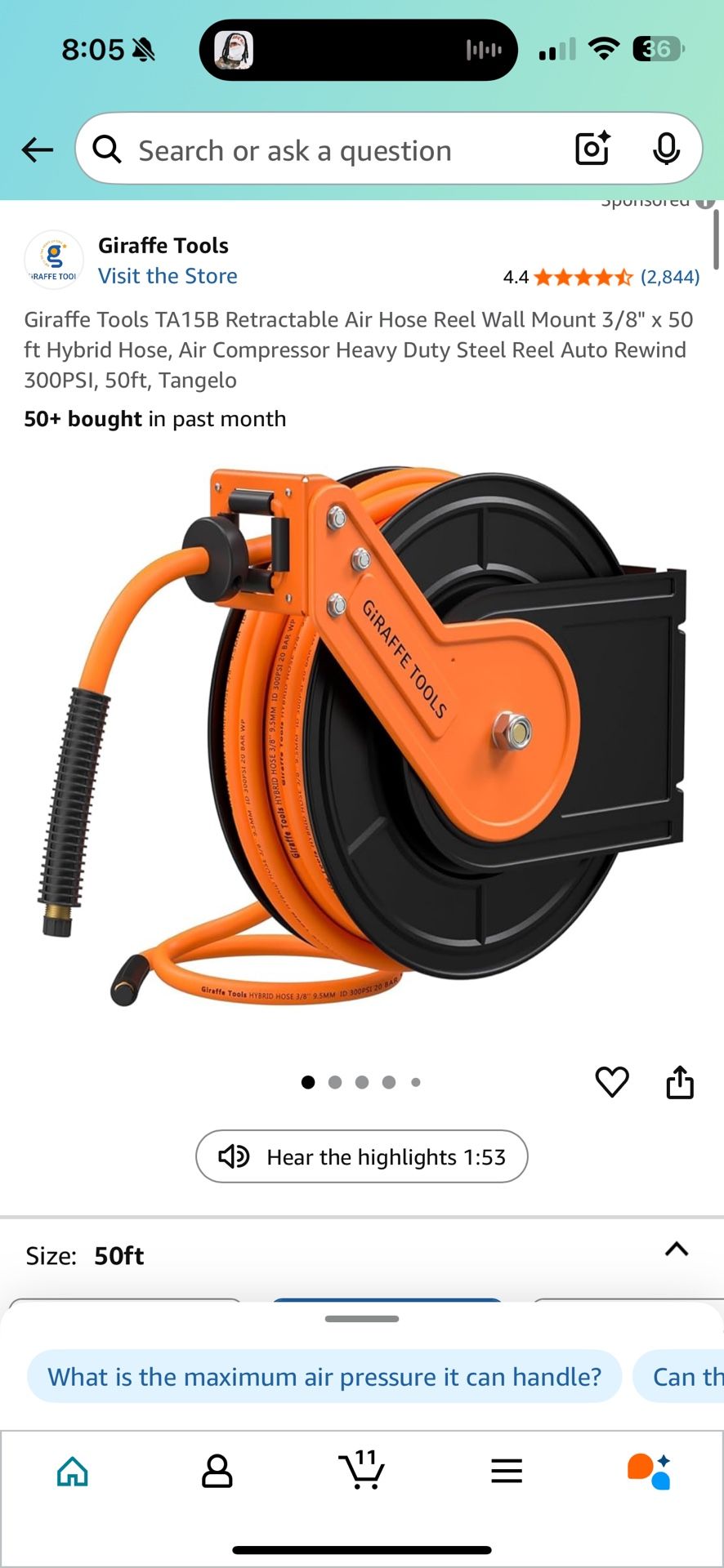 Giraffe Tools TA15B Retractable Air Hose Reel Wall Mount 3/8" x 50 ft Hybrid Hose, Air Compressor Heavy Duty Steel Reel Auto Rewind 300PSI, 50ft, Tang