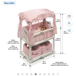 Canopy Doll Crib with Baskets, Bedding, and Mobile-White/Pink