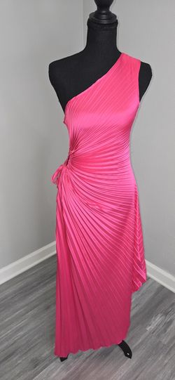Hot pink pleated maxi dress with black bow detail