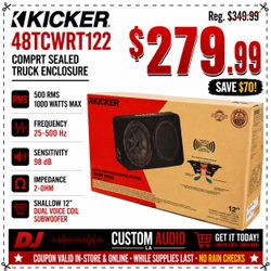 Kicker 48TCWRT122 Shallow 12" Truck Sealed Box 1000 Watts TCWRT12 CompRT Series 🚨 Payment Options Available 🚨 No Credit Needed 🚨