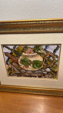 Whimsical Watercolor   Tea pot / Grapevine signed