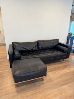 Article Sven Leather Sofa + Timber Ottoman - Black, Genuine Leather