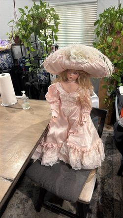 Vintage large Porcelain Doll in Pink Satin Dress