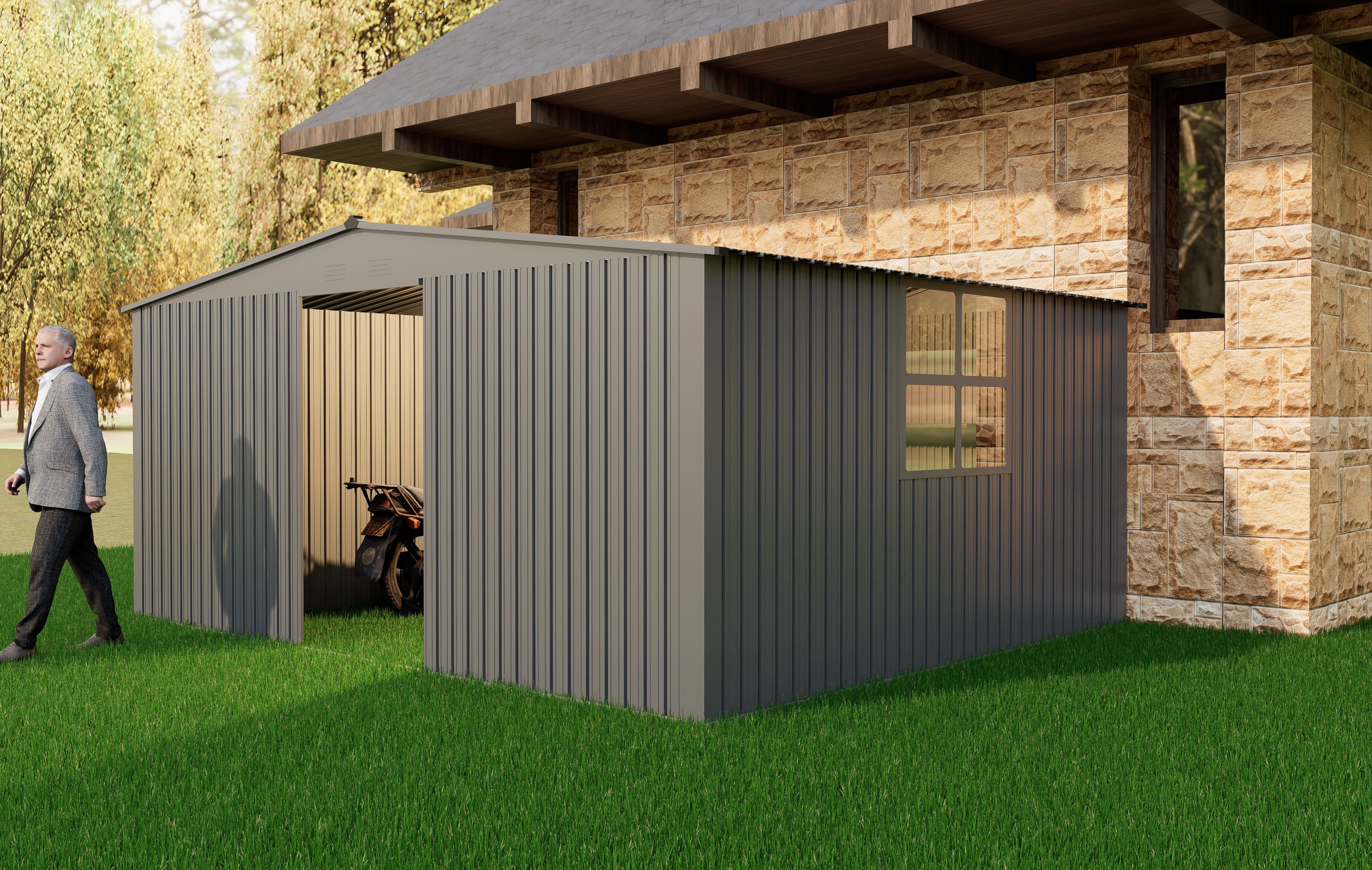 New Outdoor Storage Shed has two Functions: Metal shed and Firewood Shed 11ft x13ft ,Grey