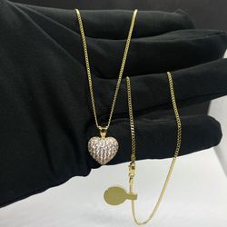 14k solid Gold cubana chain and heart pendant , necklance gold pendant
