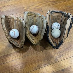 2 Rawlings + 1 Mizuno Baseball Gloves w/ 3 Baseballs 