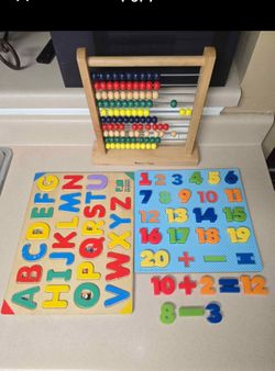 WOODEN ABACUS- WOOD & PLASTIC NUMBERS  & WOODEN ALPHABET PUZZLE