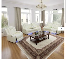 Power Electric White Leather Fully Reclining Couch Set