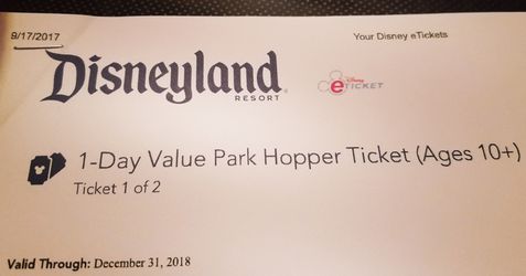 (2) ONE day Disney land park hopper tickets