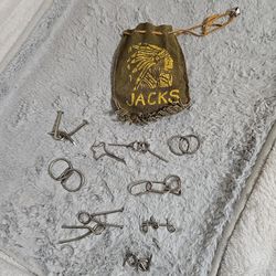 VtgJacks Leather Suede Jacks Game Bag Indian Chief+Metal Magic Tricks Or Puzzle 