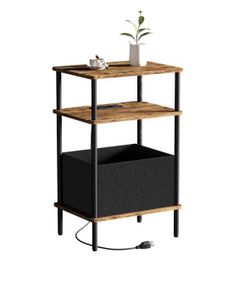End Table with Charging Station & Outlet, Small Narrow Side Table for Bedroom, 25" H Bedside Table with USB Ports, 3-Tier Slim Nightstand, Rustic Brow