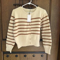 Mango Women's Cream and Brown Striped Sweater As use S 