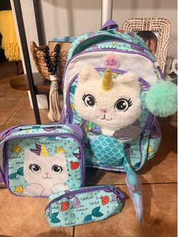 Girls rolling backpack kitty cat mermaid set lunchbox and pencil bag