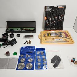 Plier Set, Steel Hacksaw, Cutting Saws Disc. Drill Head Screwdriver, &E Doric Lettering Set. BLACK+DECKER