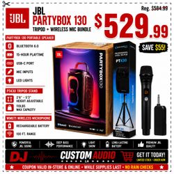 JBL PartyBox 130 Portable 15 Hour Battery Powered Speaker Bluetooth USB-C Aux LED Lights Tripod Stand Wireless Microphone Bundle Package