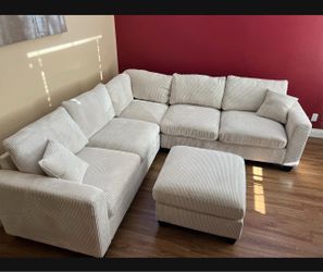 Ivory  Corduroy Sectional Sofa with Ottoman