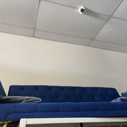 Blue Velvet Tufted Sofa with Gold Legs